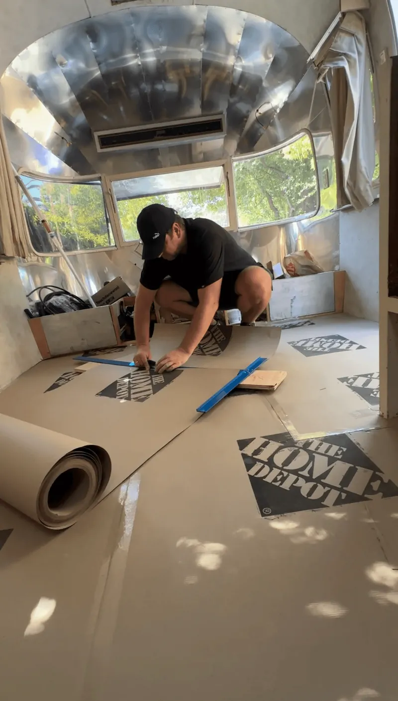Before — Airstream Excela 32 ft – Installation of Vinyl Linoleum Flooring